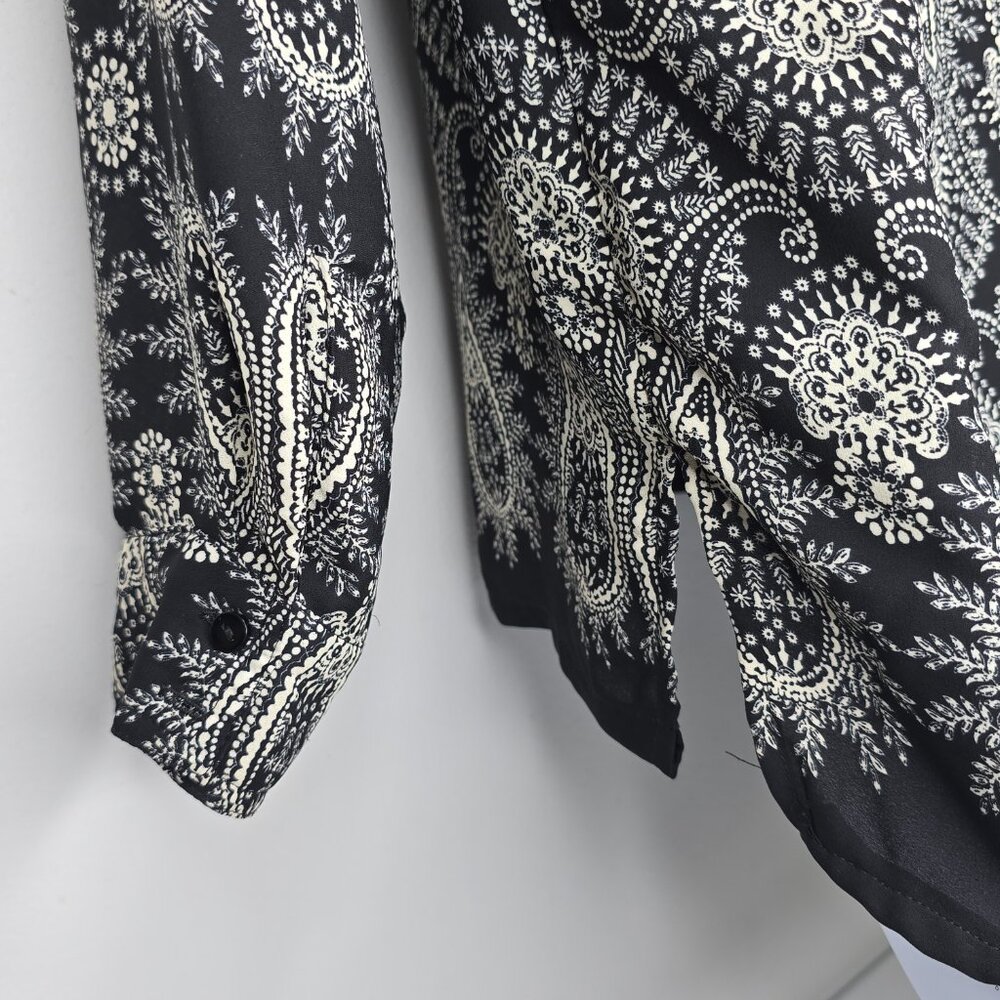Rose + Olive Womens Top Shirt Large Blouse Paisley Black Cream Boho Long Sleeves - Picture 6 of 9